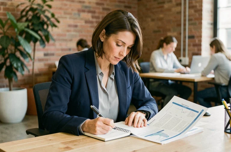 Femme professionnelle prenant des notes lors d'une formation en co-working pour booster sa carrière