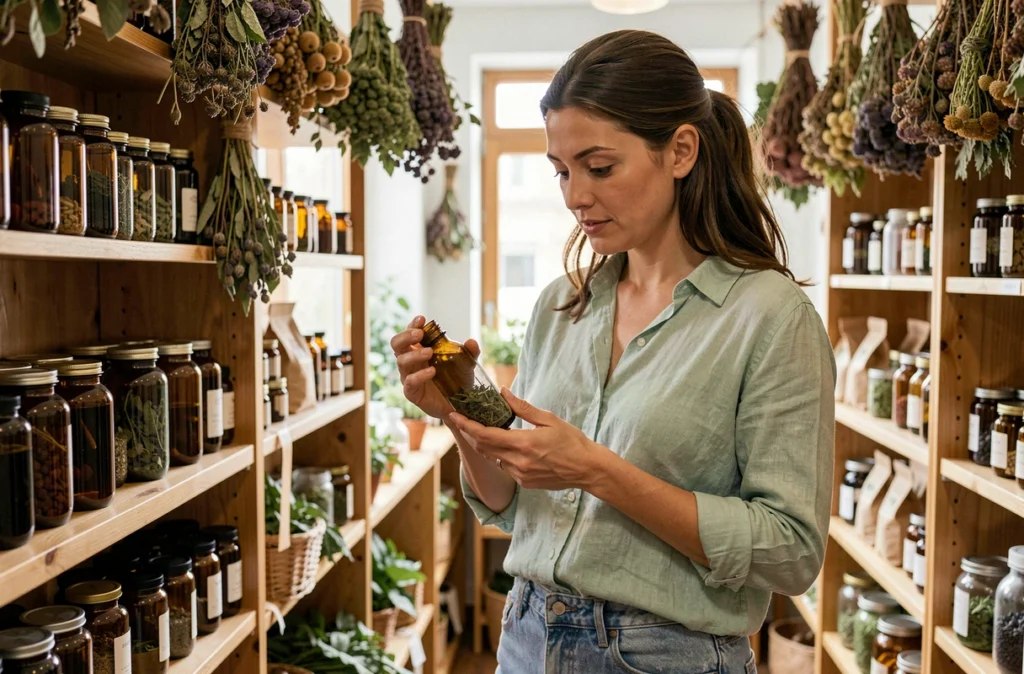 Femme en herboristerie examinant un complément alimentaire naturel Zaturelle sur des étagères en bois