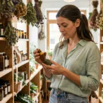 Femme en herboristerie examinant un complément alimentaire naturel Zaturelle sur des étagères en bois