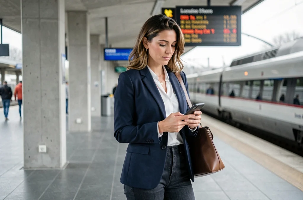 Femme professionnelle sur le quai d'une gare moderne tenant son téléphone, symbolisant la mobilité entre deux grandes villes pour sa carrière