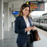 Femme professionnelle sur le quai d'une gare moderne tenant son téléphone, symbolisant la mobilité entre deux grandes villes pour sa carrière