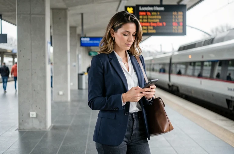 Femme professionnelle sur le quai d'une gare moderne tenant son téléphone, symbolisant la mobilité entre deux grandes villes pour sa carrière