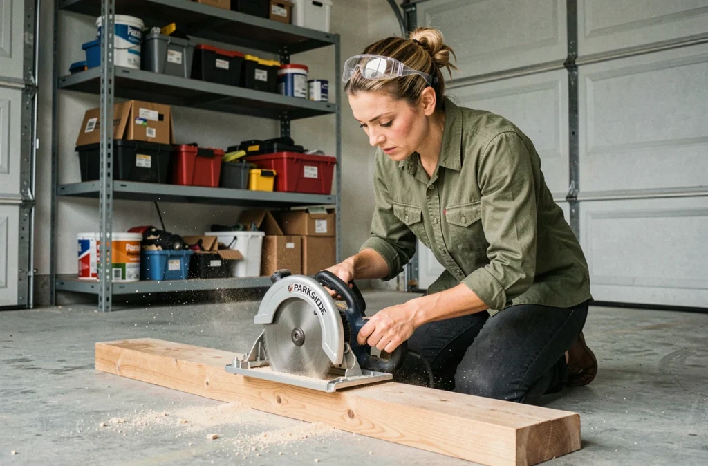 Femme utilisant une scie circulaire PARKSIDE Performance dans un garage résidentiel