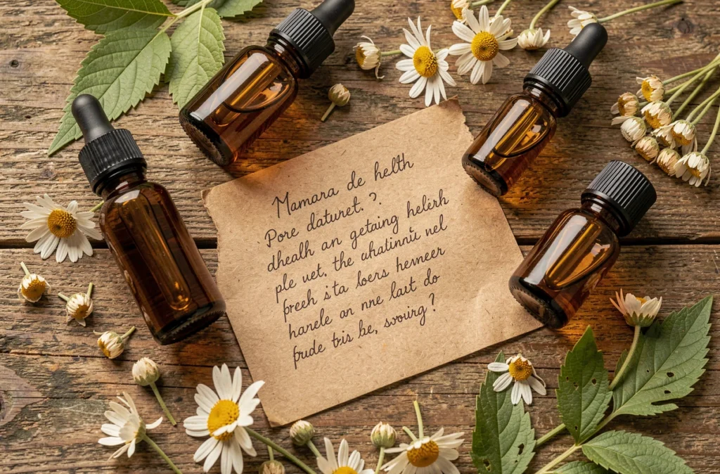 Flat-lay de produits naturels Zaturelle avec flacons ambrés, fleurs séchées et feuilles botaniques sur bois
