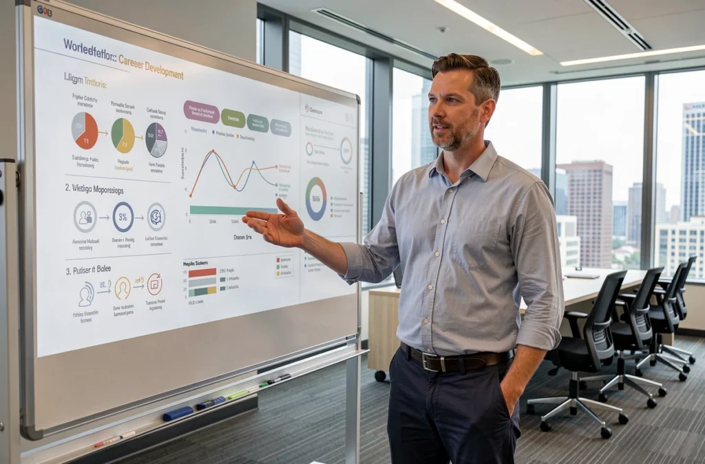 Formateur professionnel présentant un programme de développement de carrière devant un tableau interactif