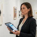 Galeriste utilisant une tablette pour analyser des données de marketing digital dans une galerie d'art contemporain