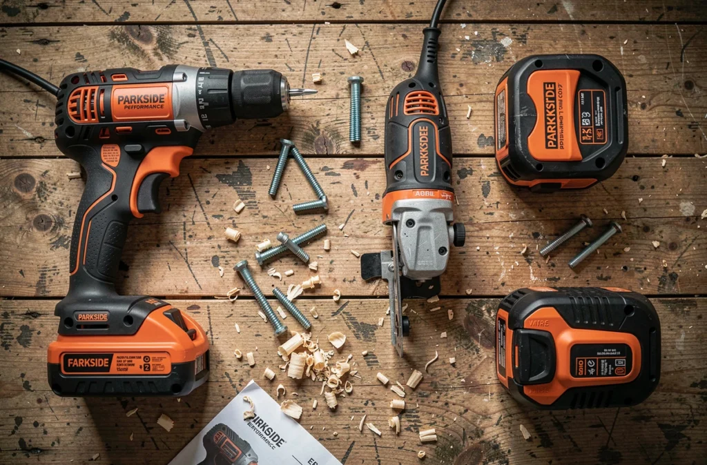 Vue de dessus de plusieurs outils PARKSIDE Performance disposés sur un établi en bois
