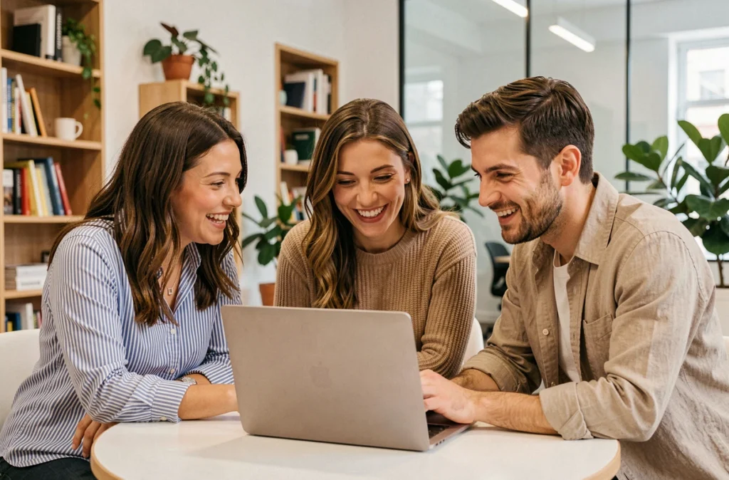 Groupe de professionnels collaborant sur une formation en ligne pour développer leurs compétences et évoluer dans leur carrière