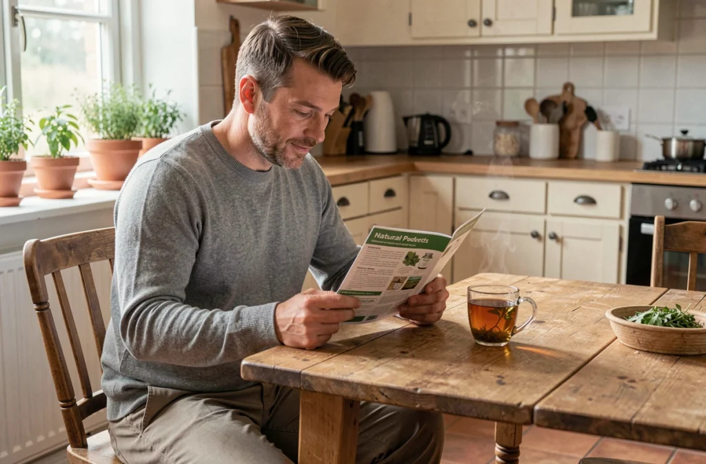 Homme lisant une notice sur les produits naturels Zaturelle autour d'une tasse de tisane dans une cuisine
