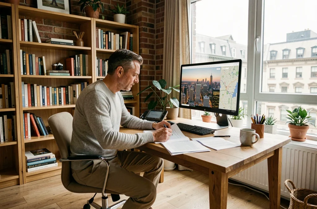 Homme en télétravail dans un bureau à domicile moderne entre deux villes, consultant des documents et une carte urbaine sur deux écrans