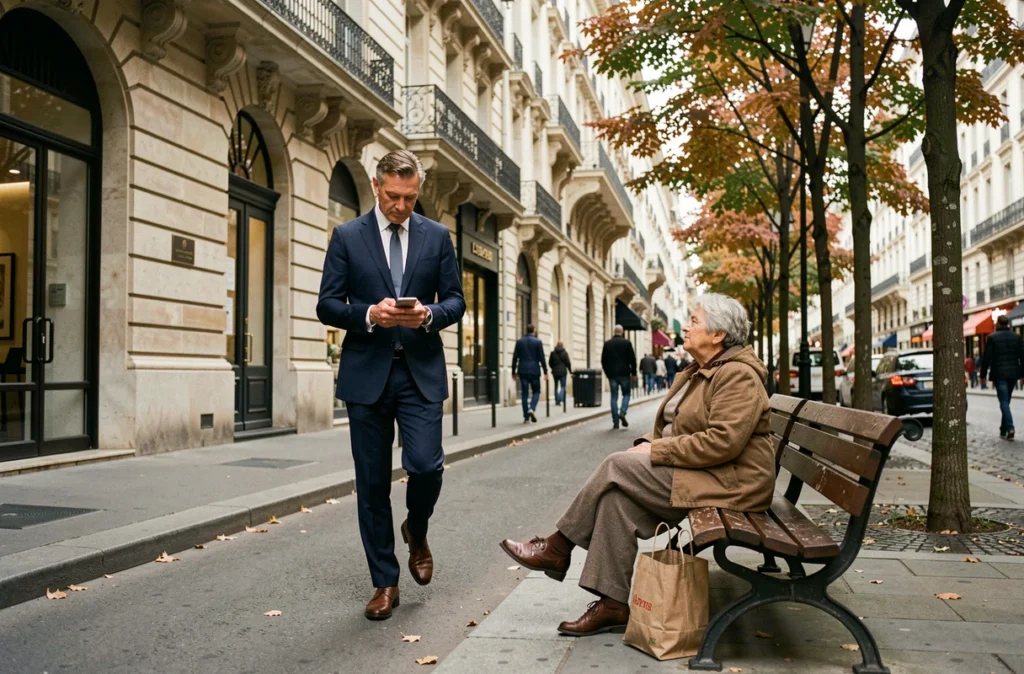 Contraste social dans une rue parisienne illustrant les inégalités de revenu en France