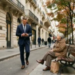 Contraste social dans une rue parisienne illustrant les inégalités de revenu en France