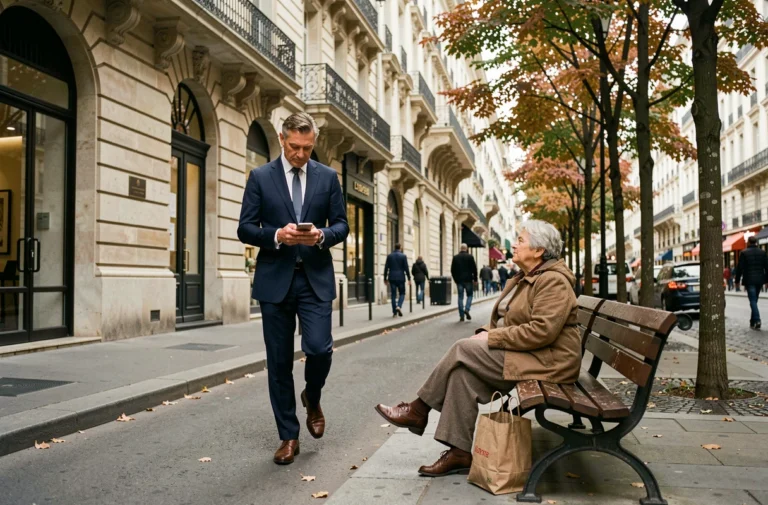 Contraste social dans une rue parisienne illustrant les inégalités de revenu en France