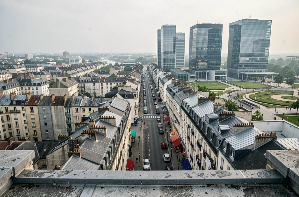 Vue urbaine contrastée entre quartier populaire et quartier d'affaires moderne illustrant les inégalités économiques territoriales en France