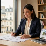 Femme professionnelle analysant des documents d'investissement immobilier dans un bureau moderne avec vue sur Paris