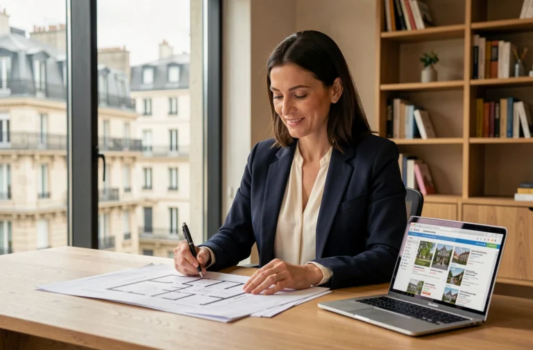 Femme professionnelle analysant des documents d'investissement immobilier dans un bureau moderne avec vue sur Paris