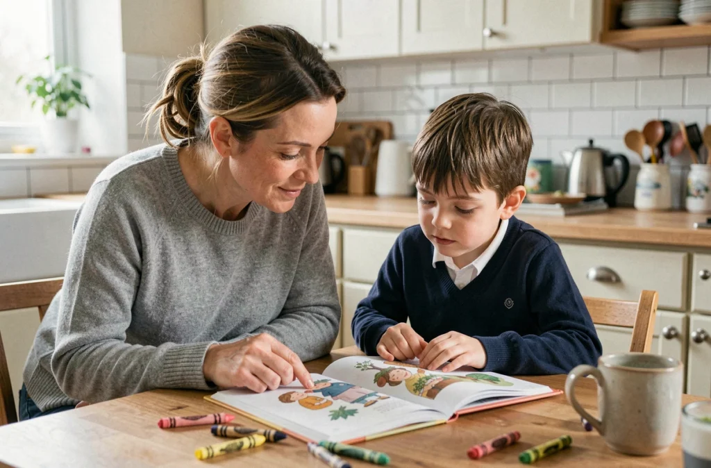 Mère accompagnant son enfant dans ses devoirs à la table de la cuisine, moment du quotidien familial chaleureux