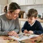 Mère accompagnant son enfant dans ses devoirs à la table de la cuisine, moment du quotidien familial chaleureux