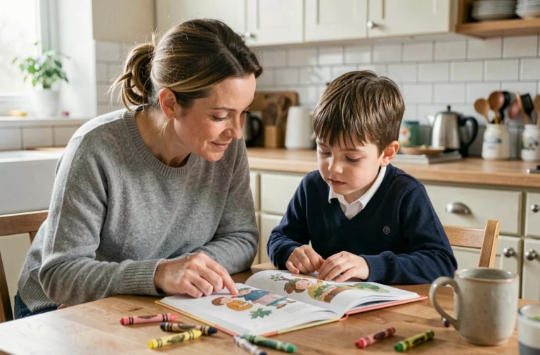 Mère accompagnant son enfant dans ses devoirs à la table de la cuisine, moment du quotidien familial chaleureux
