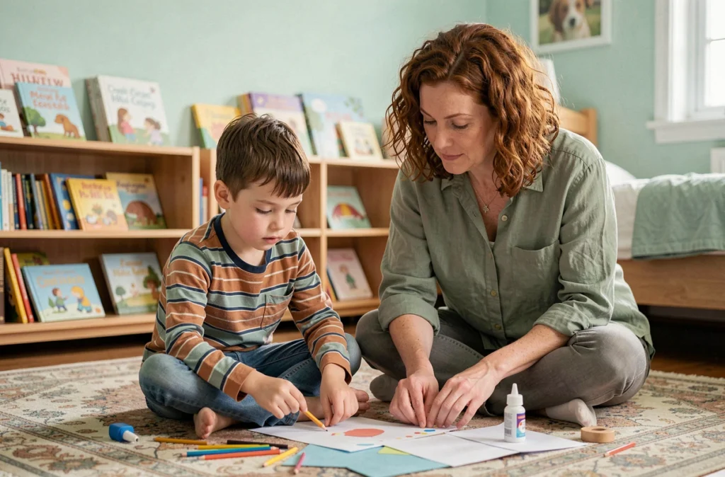 Mère et fils réalisant ensemble un projet créatif sur le sol de la chambre, accompagnement parental bienveillant au quotidien