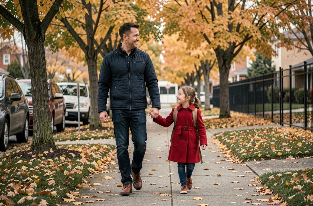 Père accompagnant sa fille à l'école à pied dans une rue résidentielle en automne, routine parentale quotidienne