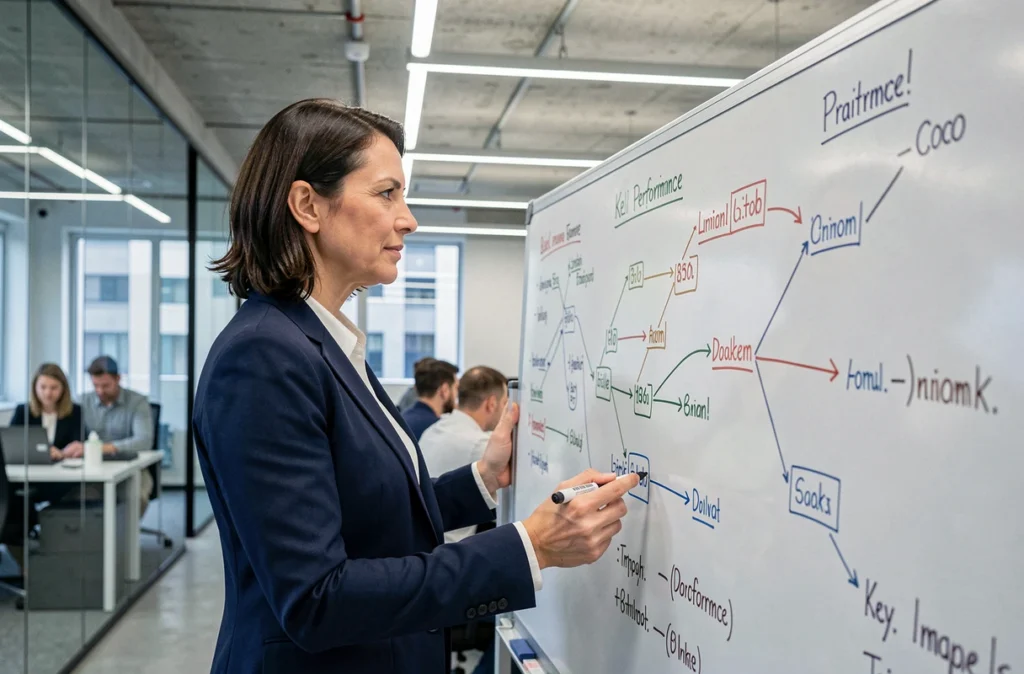 Femme cadre dirigeante devant un tableau stratégique dans un bureau moderne, illustrant la planification de la performance d'entreprise en 2024