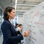 Femme cadre dirigeante devant un tableau stratégique dans un bureau moderne, illustrant la planification de la performance d'entreprise en 2024