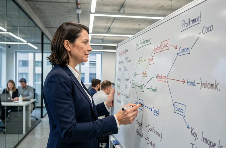 Femme cadre dirigeante devant un tableau stratégique dans un bureau moderne, illustrant la planification de la performance d'entreprise en 2024
