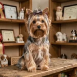 Yorkshire Terrier bien toiletté posé sur un banc en bois dans un élevage artisanal décoré de trophées et certificats