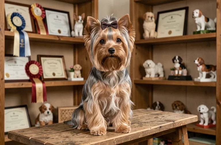 Yorkshire Terrier bien toiletté posé sur un banc en bois dans un élevage artisanal décoré de trophées et certificats
