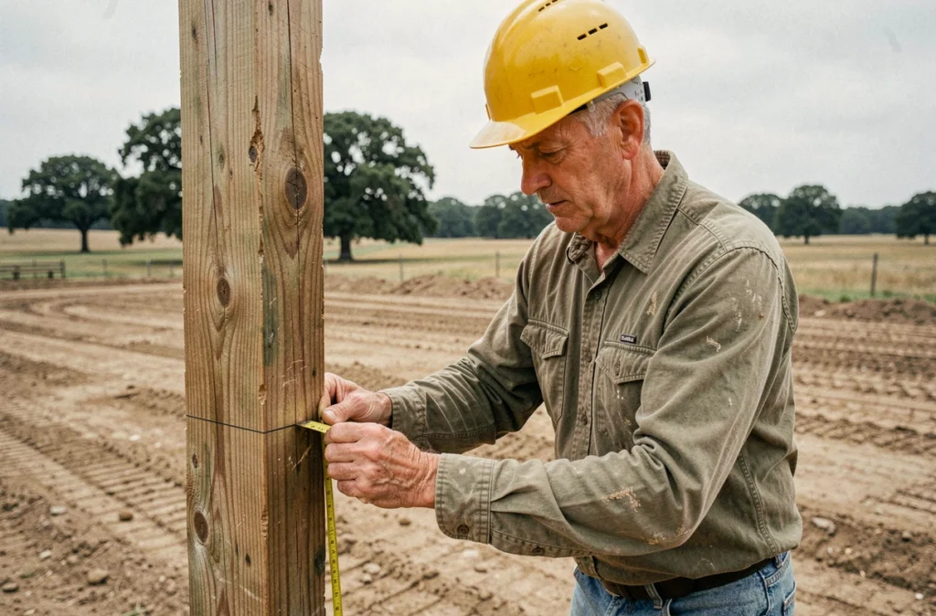 Charpentier mesurant un poteau en bois sur un chantier de construction de grange en milieu rural