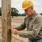 Charpentier mesurant un poteau en bois sur un chantier de construction de grange en milieu rural
