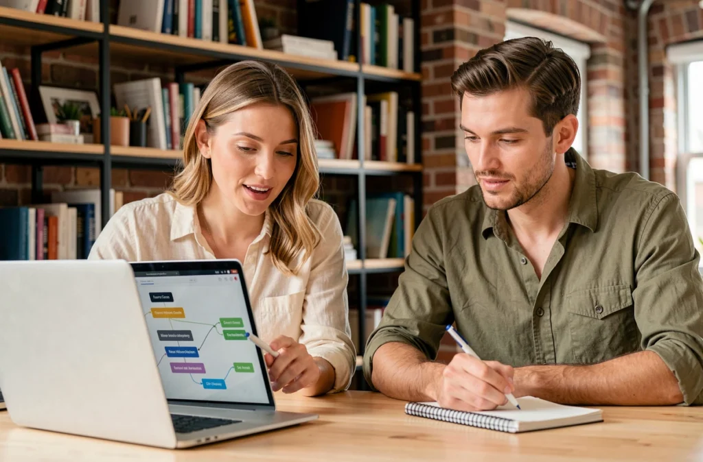 Deux collègues discutant de la navigation et du plan de site sur un ordinateur portable dans un espace de coworking