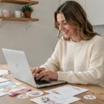 Jeune femme créant un faire-part de mariage personnalisé sur ordinateur portable entourée d'échantillons de papier et de rubans