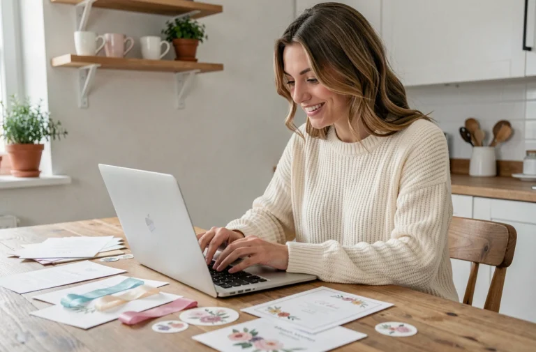 Jeune femme créant un faire-part de mariage personnalisé sur ordinateur portable entourée d'échantillons de papier et de rubans