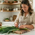 Femme préparant des feuilles de pandan fraîches sur une planche en bois dans une cuisine maison, entourée d'ingrédients exotiques tropicaux