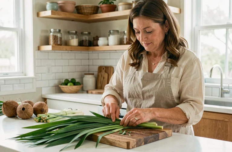 Femme préparant des feuilles de pandan fraîches sur une planche en bois dans une cuisine maison, entourée d'ingrédients exotiques tropicaux