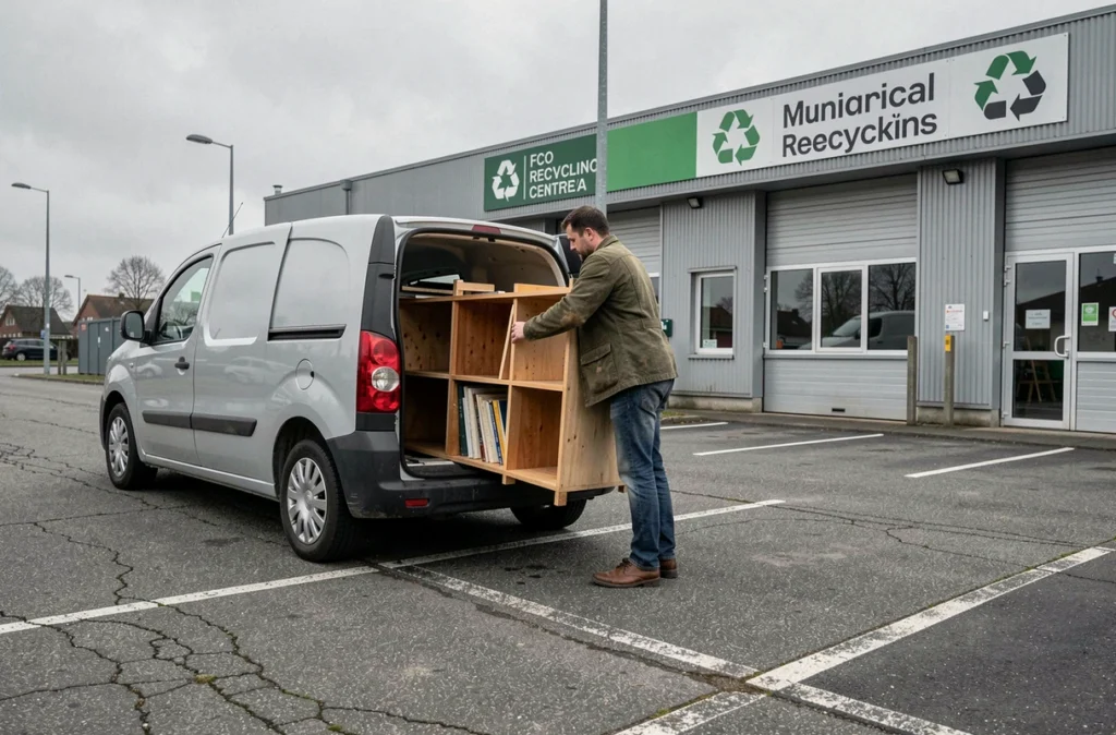 Homme déposant un vieux meuble démonté dans un centre de recyclage municipal pour un débarras éco-responsable