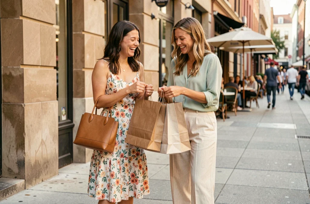 Deux femmes portant des tenues tendance printanières et riant sur un trottoir animé après un shopping en boutique