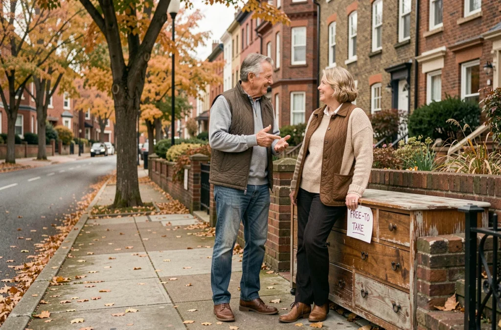 Voisins discutant près d'une vieille commode déposée sur le trottoir avec une affichette gratuite pour le don de meuble