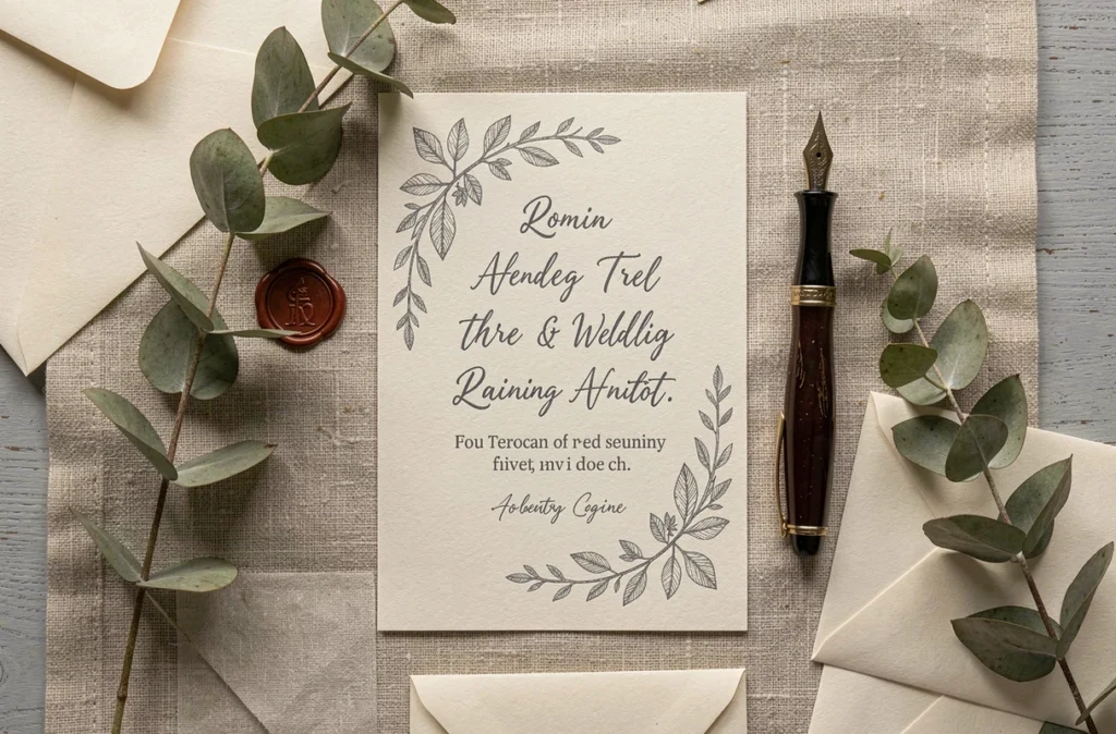 Faire-part de mariage artisanal posé sur lin entouré d'un cachet de cire, d'eucalyptus séché et d'enveloppes crème