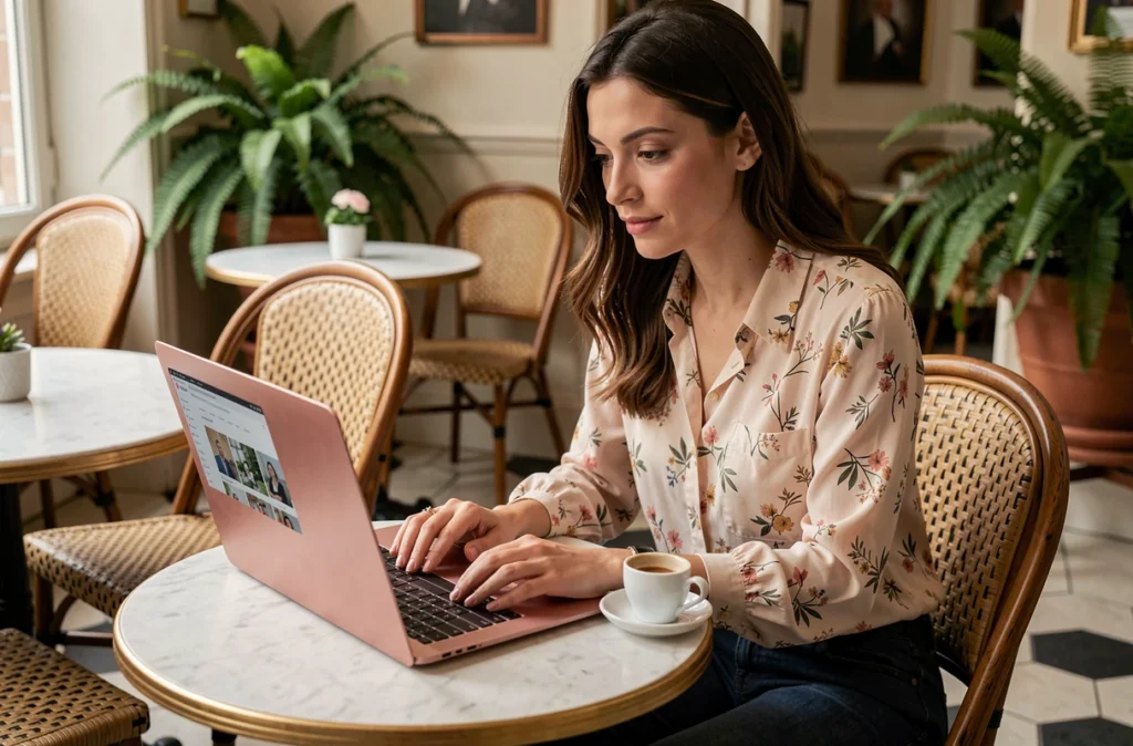 Femme consultant un blog sur un ordinateur portable dans un café parisien au décor élégant avec carrelage en mosaïque et fougères