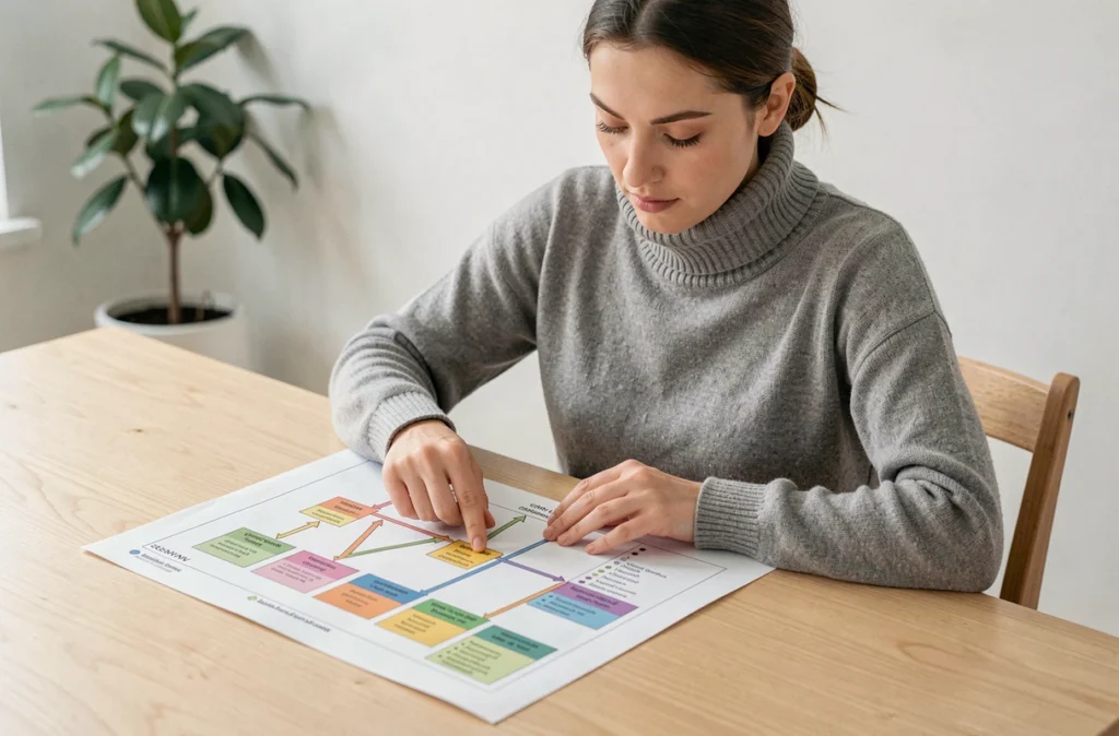 Femme étudiant un plan de site imprimé avec des sections hiérarchiques sur un bureau en bois minimaliste