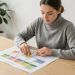 Femme étudiant un plan de site imprimé avec des sections hiérarchiques sur un bureau en bois minimaliste