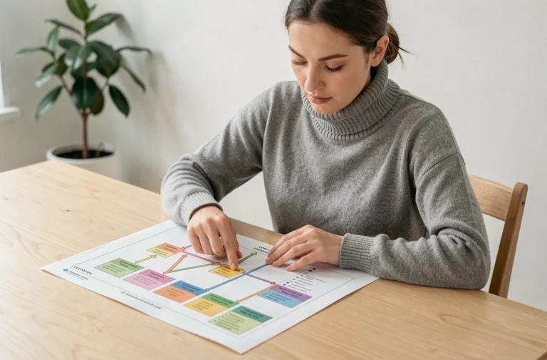 Femme étudiant un plan de site imprimé avec des sections hiérarchiques sur un bureau en bois minimaliste