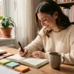 Jeune femme écrivant dans un journal posé sur un bureau en bois entouré de livres et de plantes, dans un bureau cosy à l'atmosphère chaleureuse