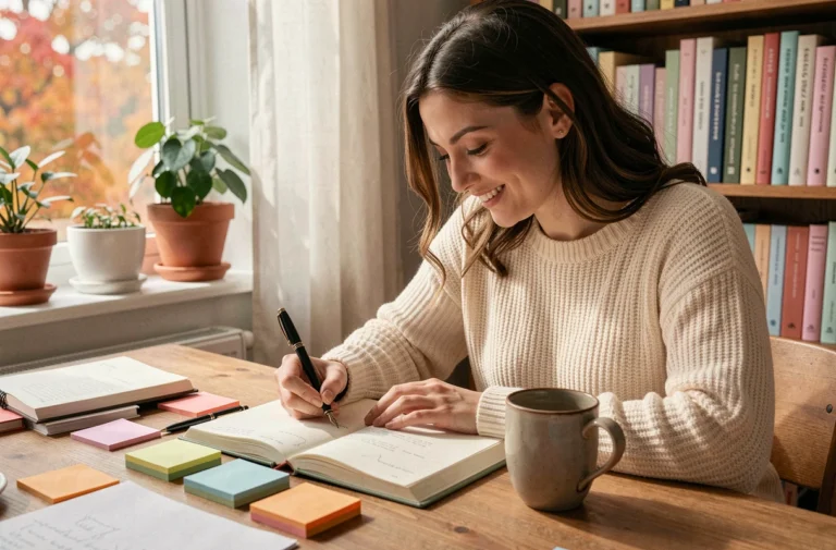Jeune femme écrivant dans un journal posé sur un bureau en bois entouré de livres et de plantes, dans un bureau cosy à l'atmosphère chaleureuse