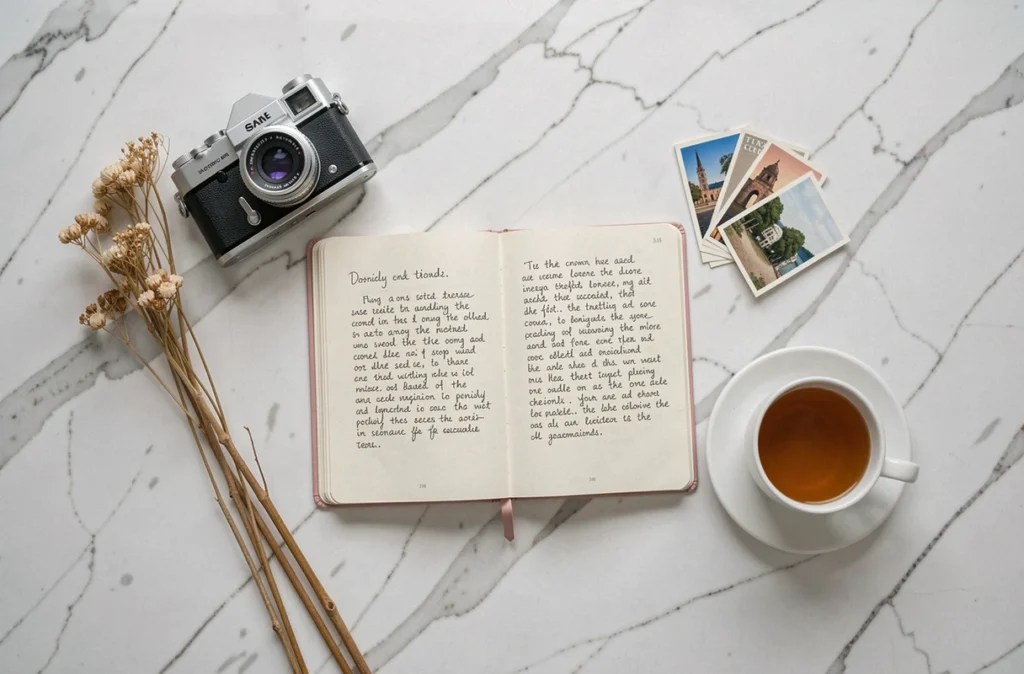 Flat lay élégant avec un carnet ouvert, un appareil photo vintage, des fleurs séchées et des cartes postales sur une surface en marbre blanc