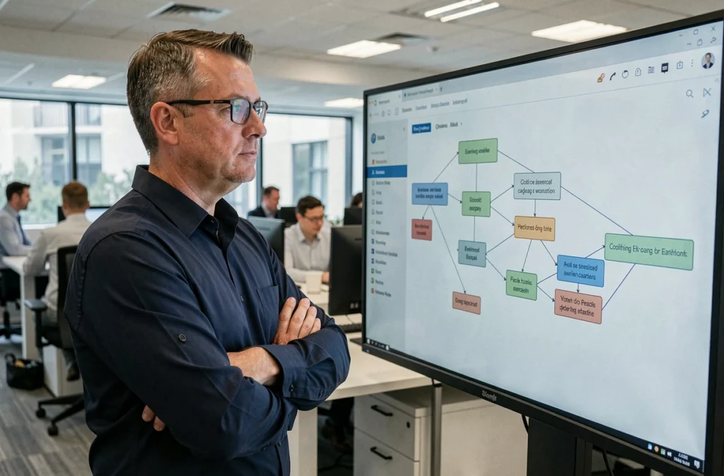 Homme en chemise marine analysant une architecture de site web sur un grand écran de bureau en open space