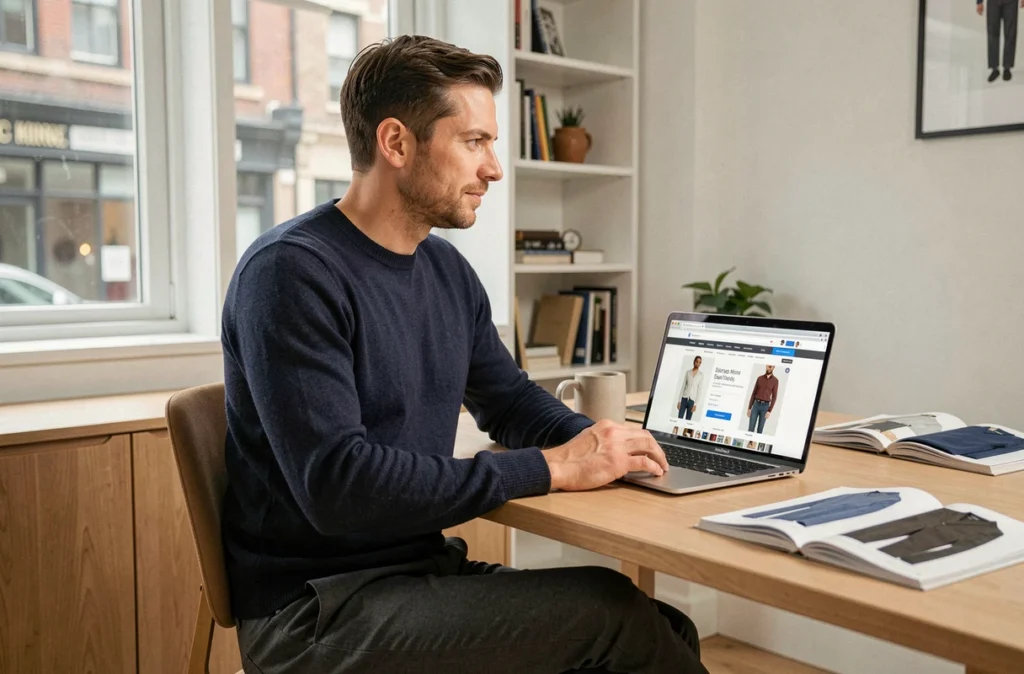 Homme parcourant une boutique de mode en ligne depuis son bureau moderne avec des lookbooks et un ordinateur portable